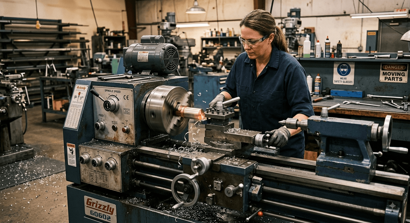 Machinist operating a lathe